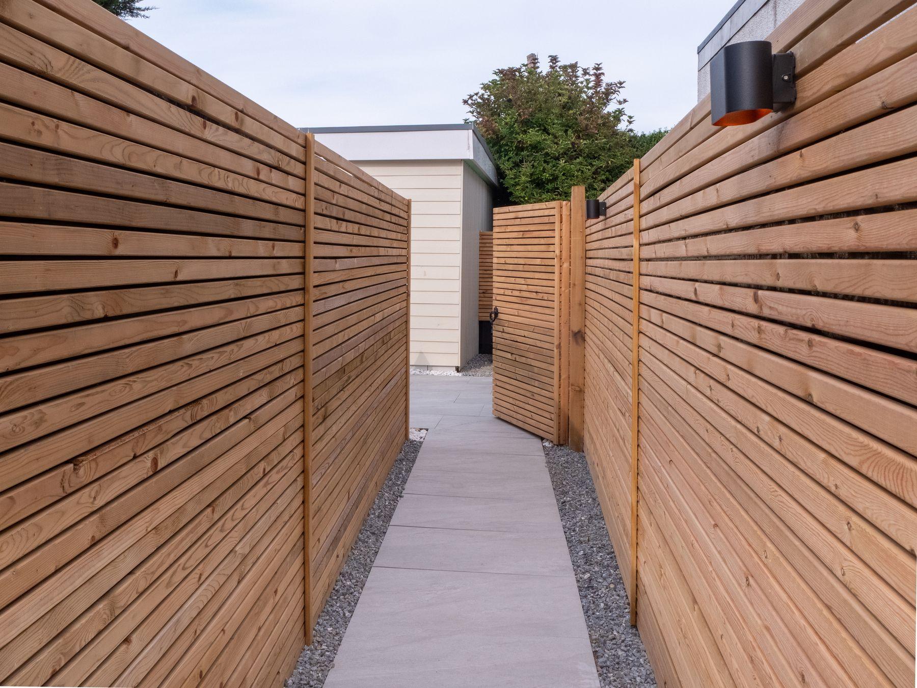 The slatted timber of the courtyard